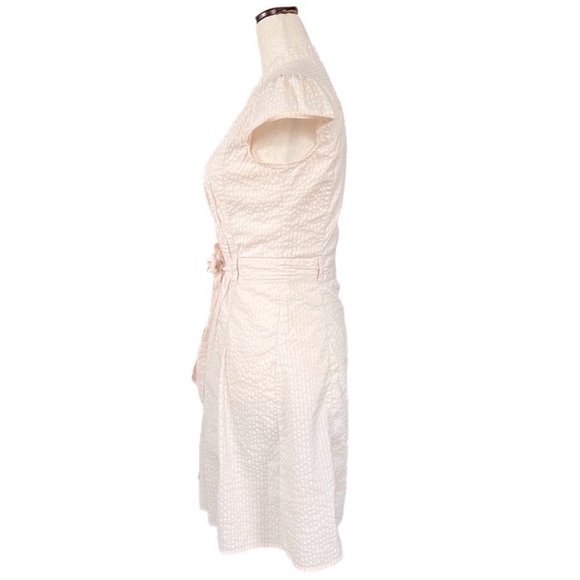 H&M Pale Pink Seersucker Cap Sleeve Pin Tuck Front Belted Shirt Dress Size Small - Picture 3 of 7